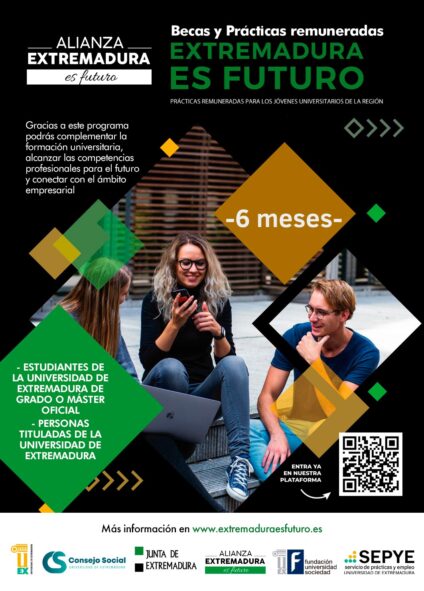 Cartel Becas y Prácticas remuneradas Extremadura es futuro