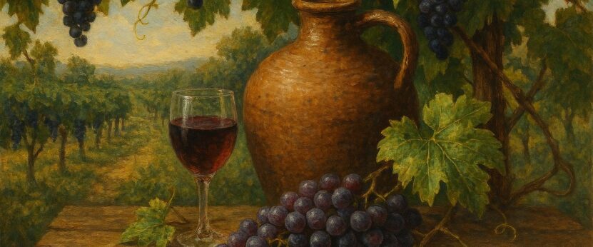 Vasija con vino de pitarra entre vides